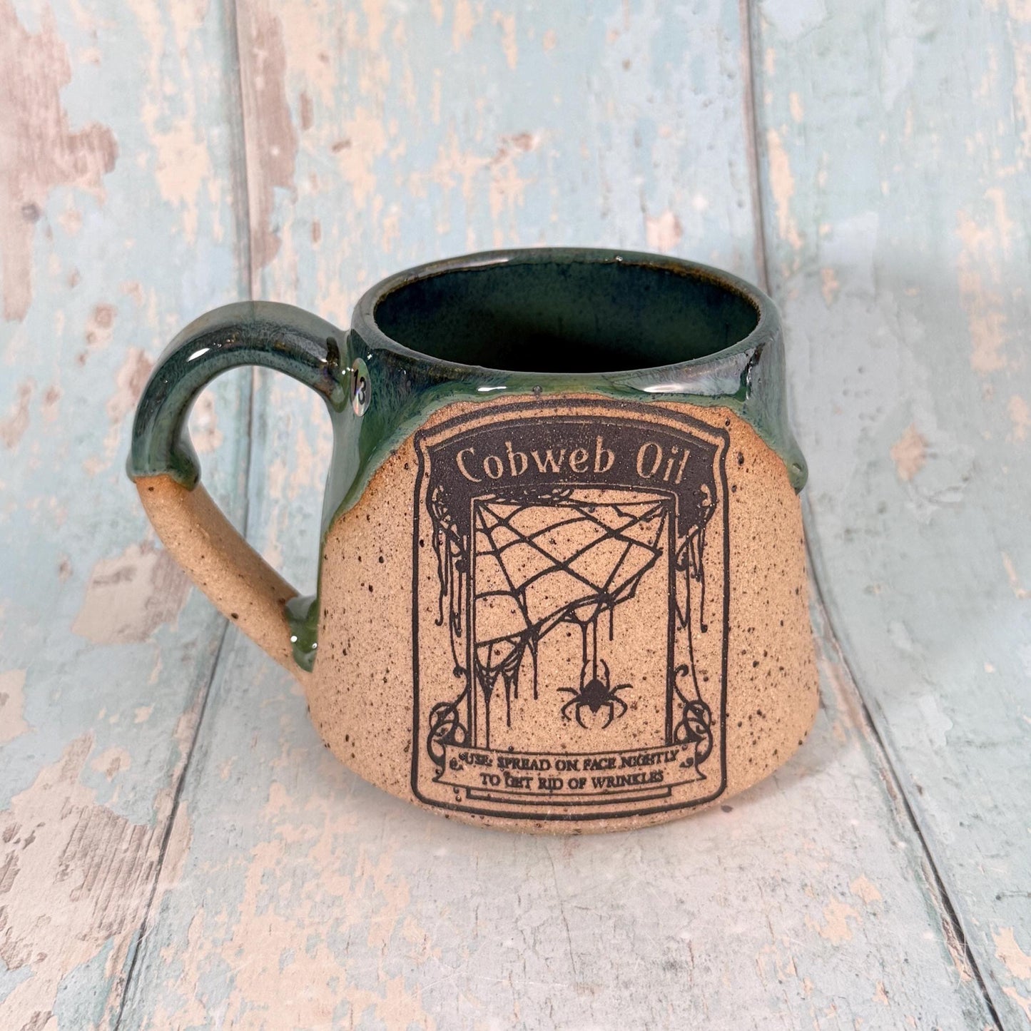 Green "Cobweb oil" Witch Label Mug Halloween Spooky Season Cup