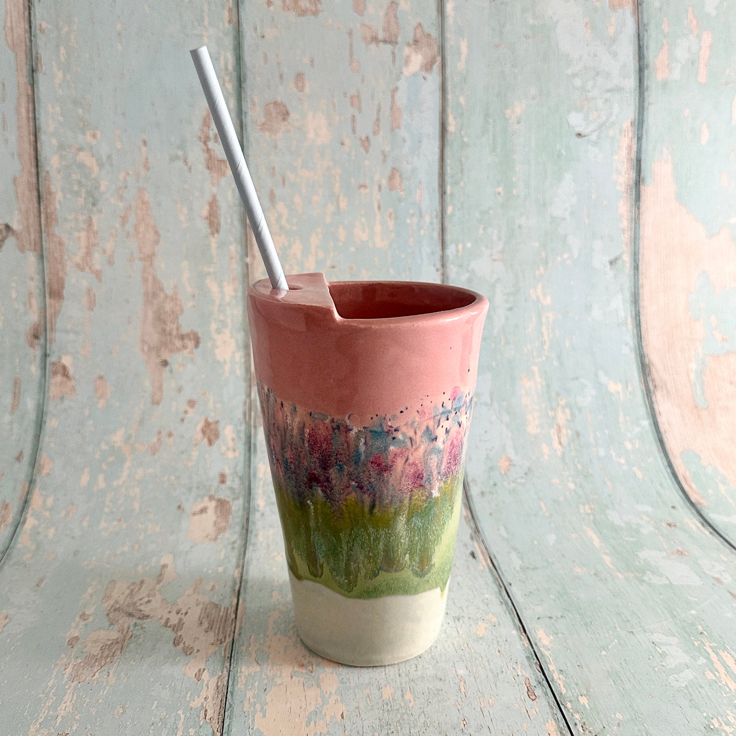 Pink and Green Straw Holder Tumbler, Large Ceramic Cup