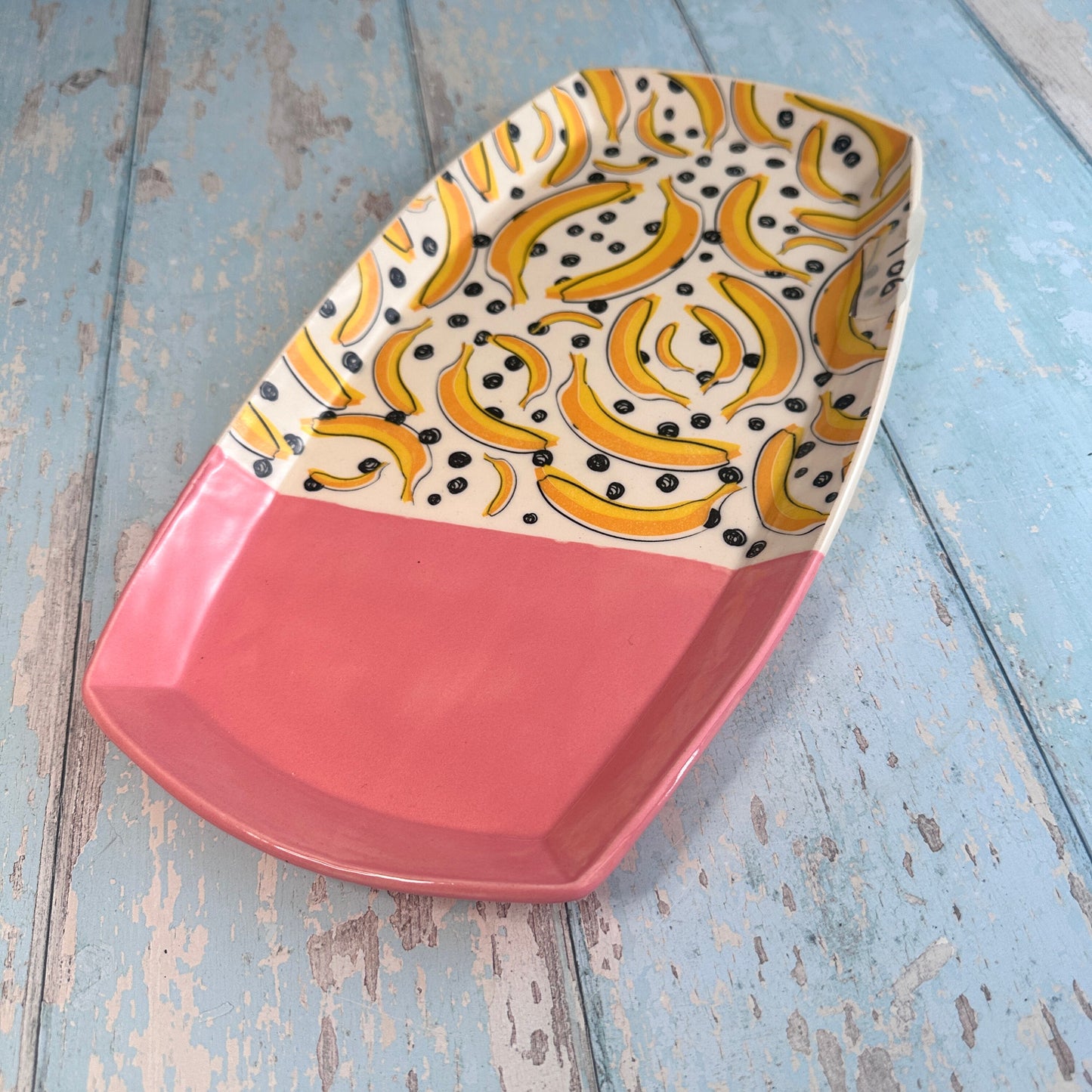 Large Banana Platter, Yellow and Pink Handmade Rectangle Ceramic Plate