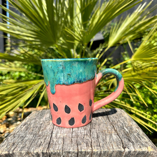 Ceramic Watermelon Mug, Large Pink and Green Cup