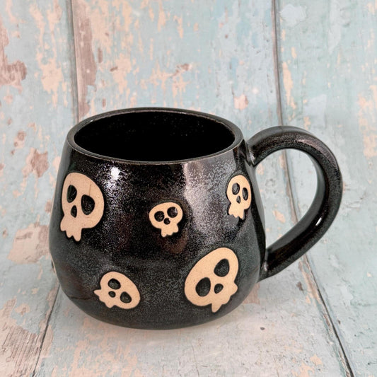 Glittery Black Skull Mug, Handmade Ceramic Cup, Spooky Halloween Mug