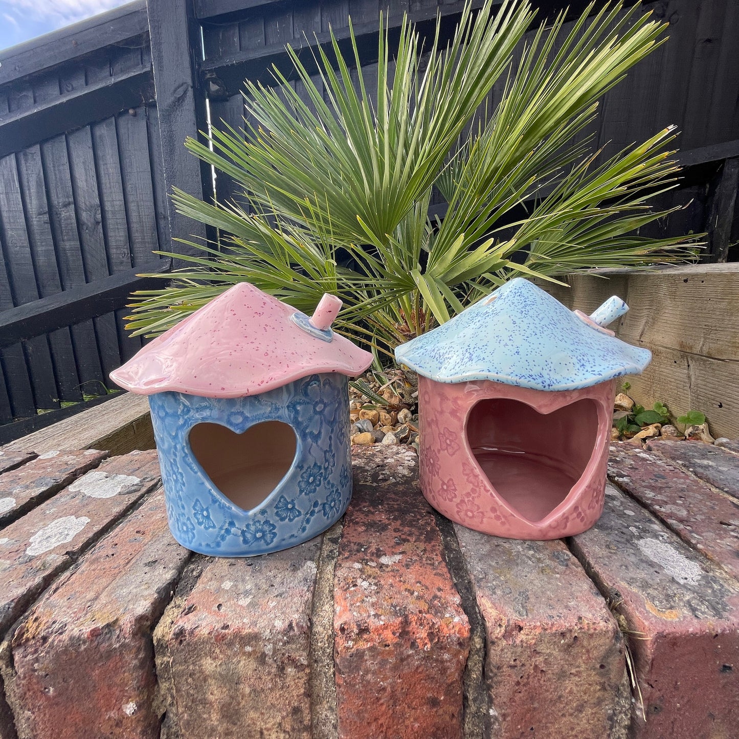 Pink and Blue Ceramic Bird feeder, Handmade Garden Decoration