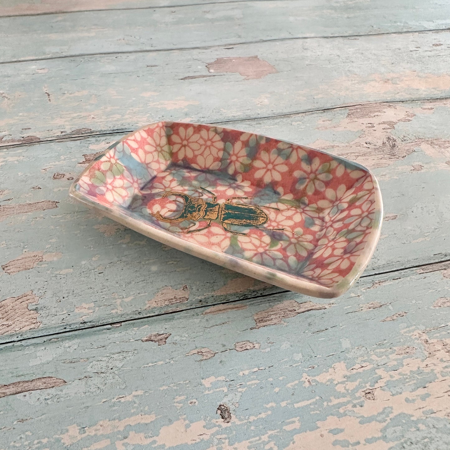 Small Pink and Gold Beetle Ring Dish, Handmade Ceramic Pot