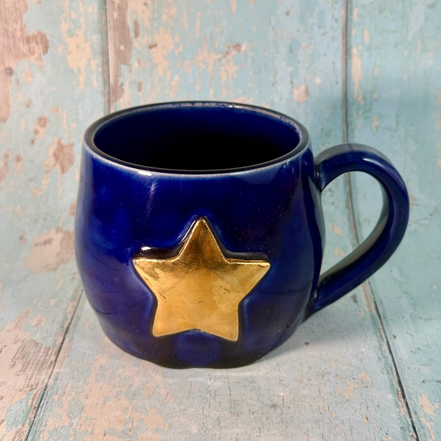 Dark Blue Gold Star Mug, Handmade Ceramic Mug