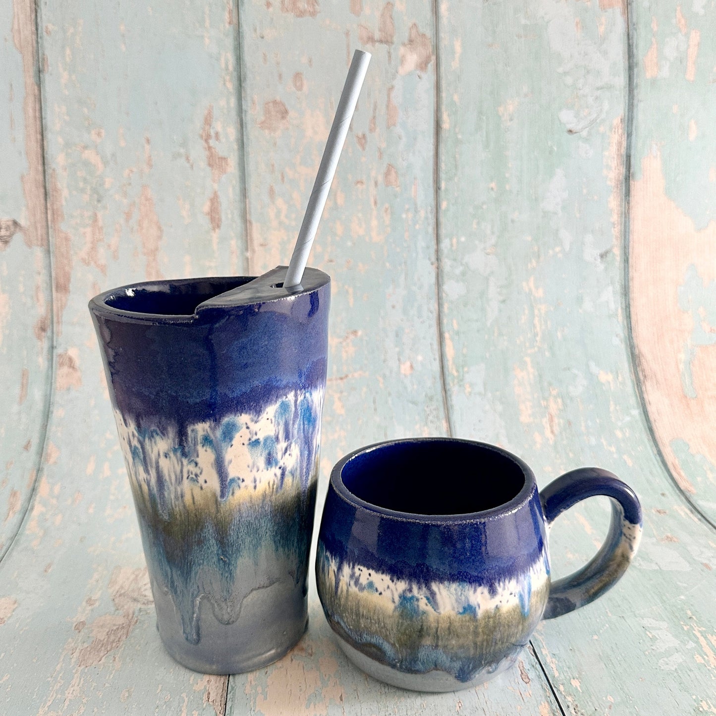 Blue Straw-holder Tumbler, Large Ceramic Cup