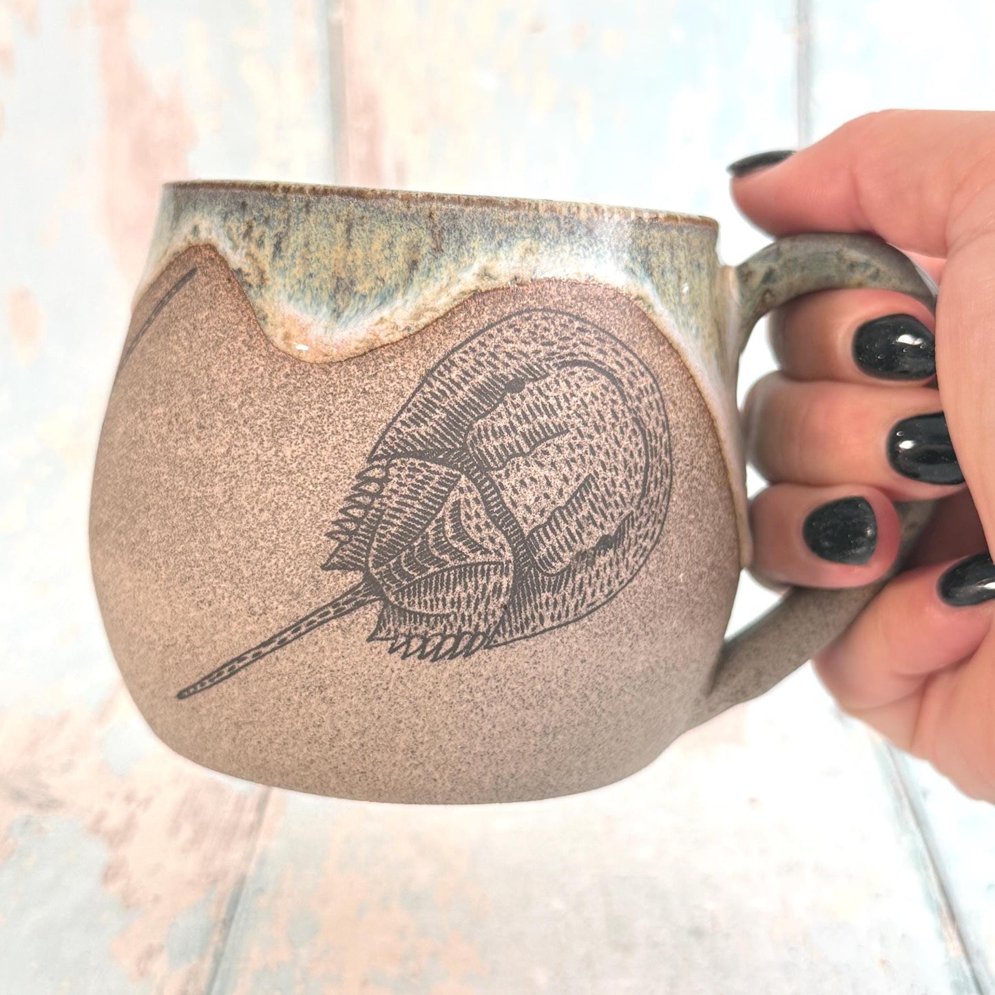 Green Grey Horseshoe Crab Dollar Mug, Large Ceramic Cup