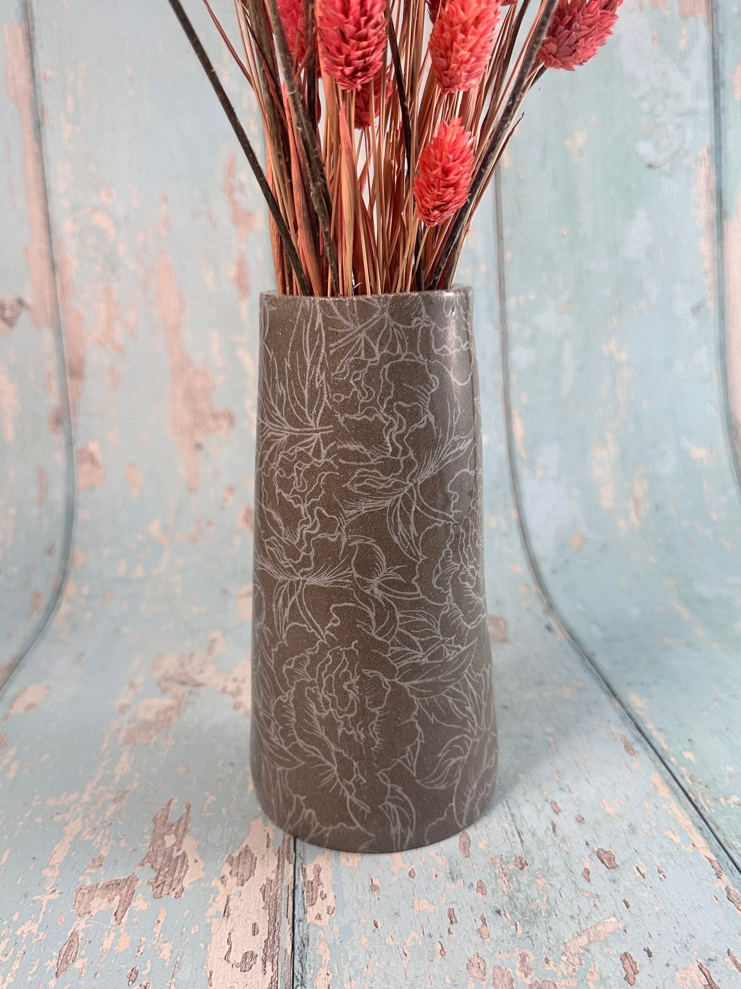 Grey Peony Ceramic Vase, Handmade Modern Pottery