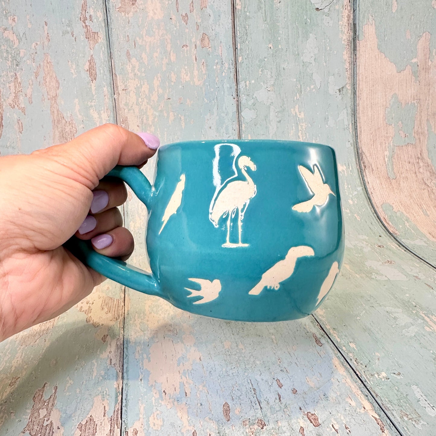 Turquoise Blue Bird Mug, Handmade Ceramic Cup