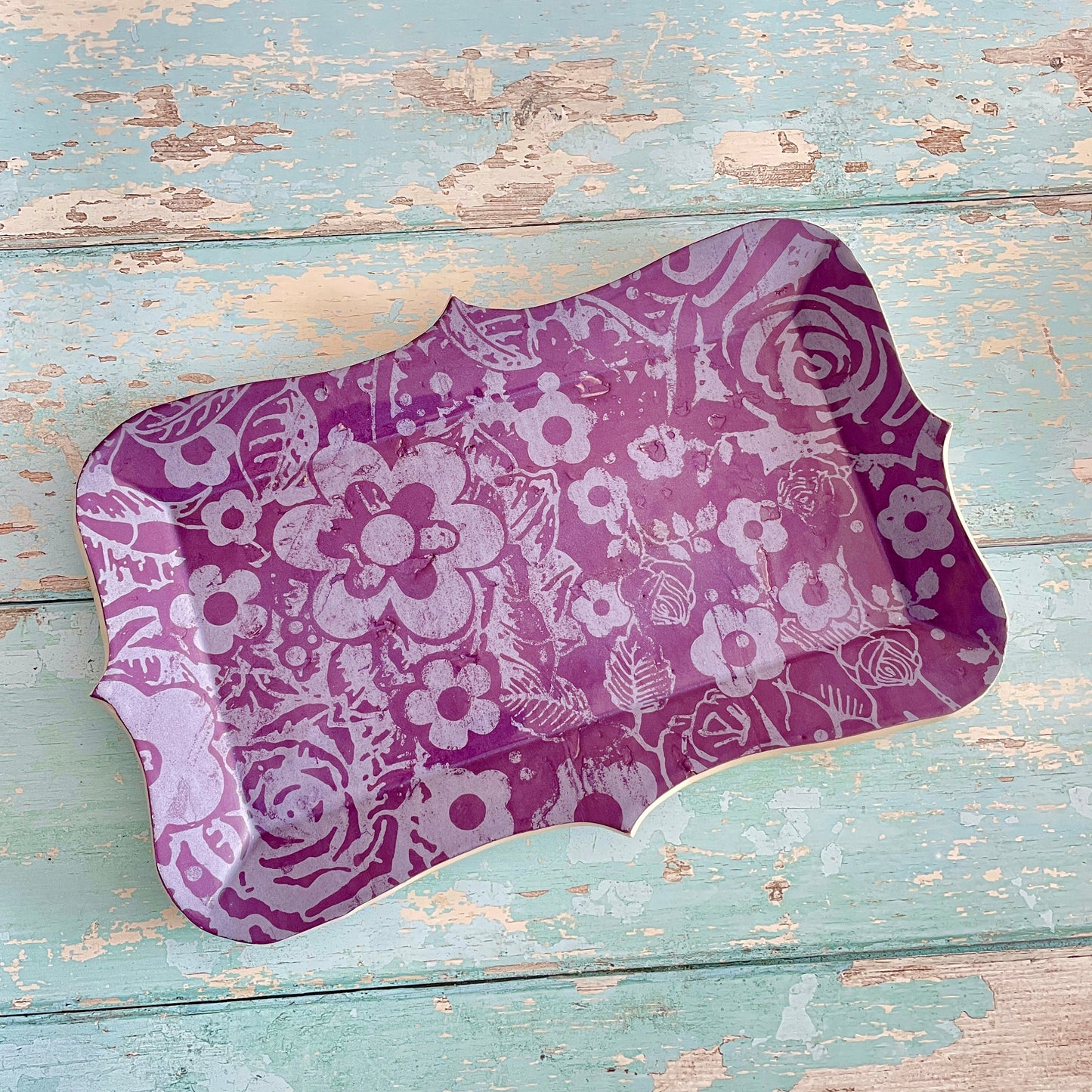 Purple Floral Platter, Shabby Chic Plate Tray