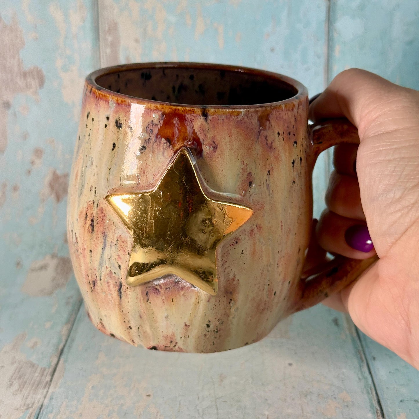 Beige spotty Gold Star Mug, Handmade Ceramic Mug