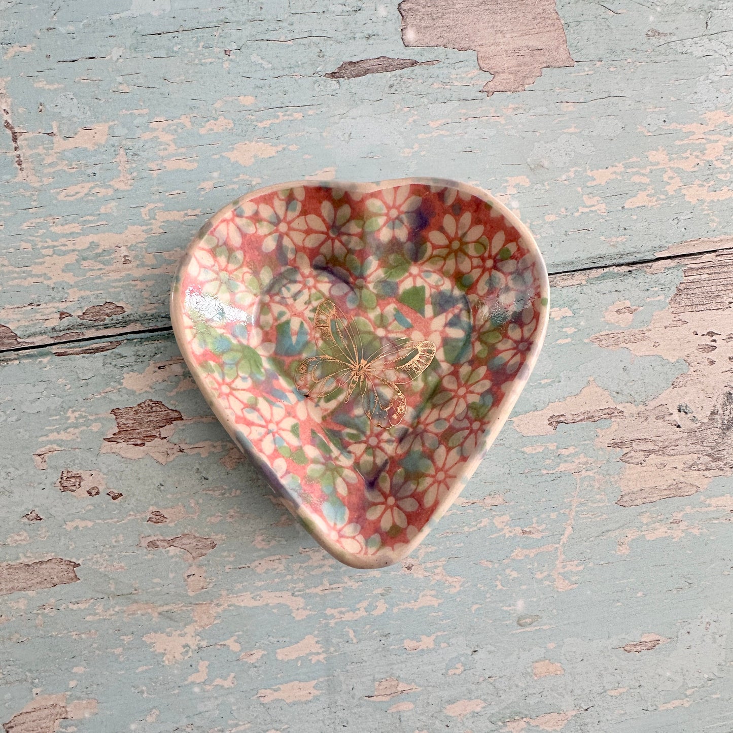 Small Pink and Gold Butterfly Heart Ring Dish, Handmade Ceramic Pot