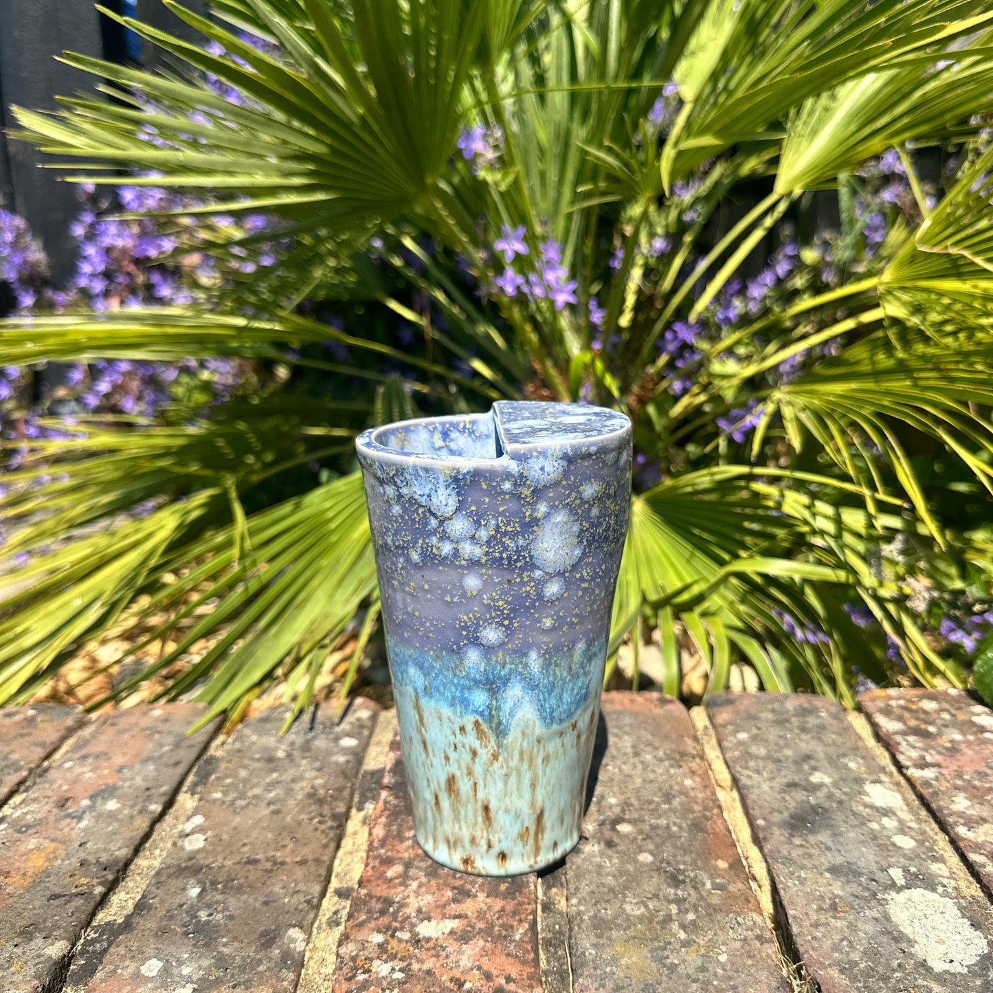 Tall Ceramic Cold Drink Straw Holding Tumbler, Handmade Modern Blue and Purple Cup