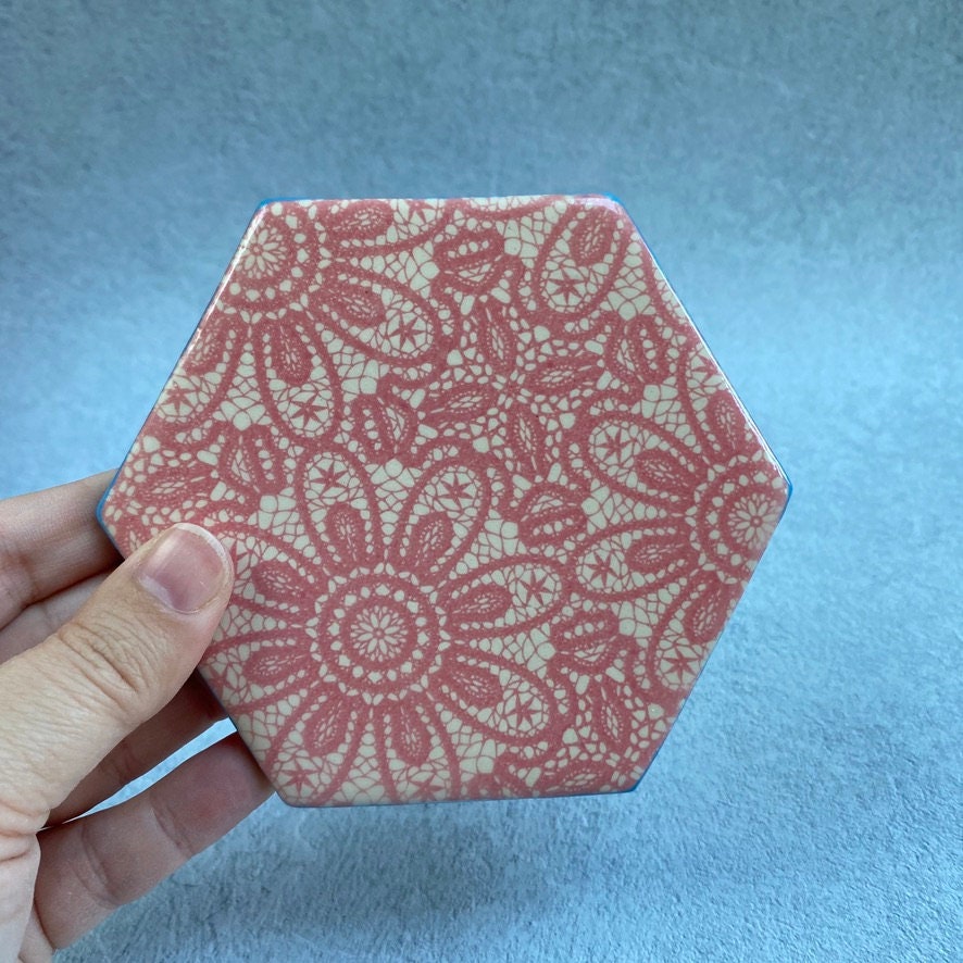 Handmade Ceramic Coaster, Pink Lace Turquoise