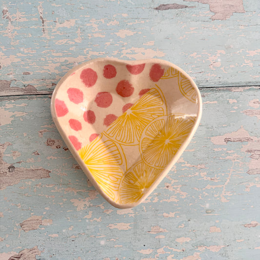 Small Pink and Yellow Heart Ring Dish, Handmade Ceramic Pot