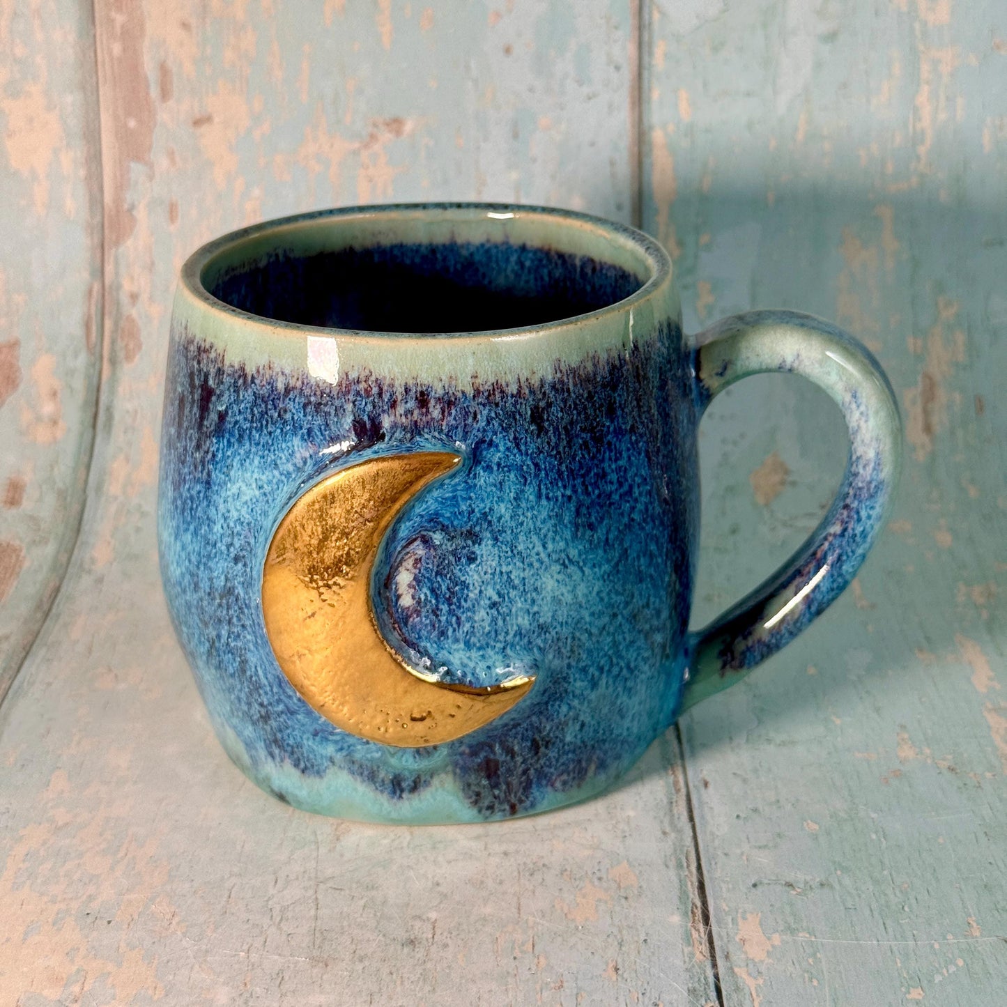 Purple and Turquoise Gold Moon Mug, Handmade Ceramic Mug