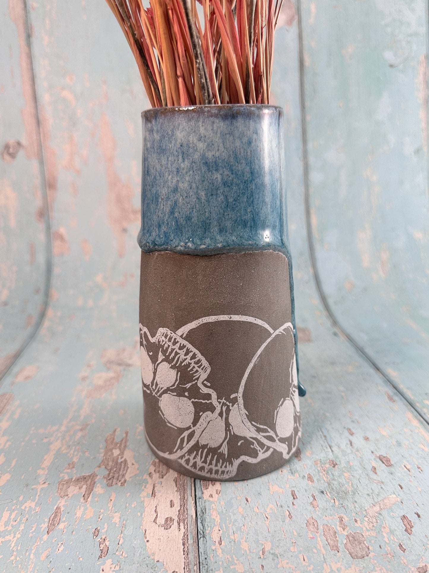 Blue Skull Floral Ceramic Vase, Handmade Modern Pottery