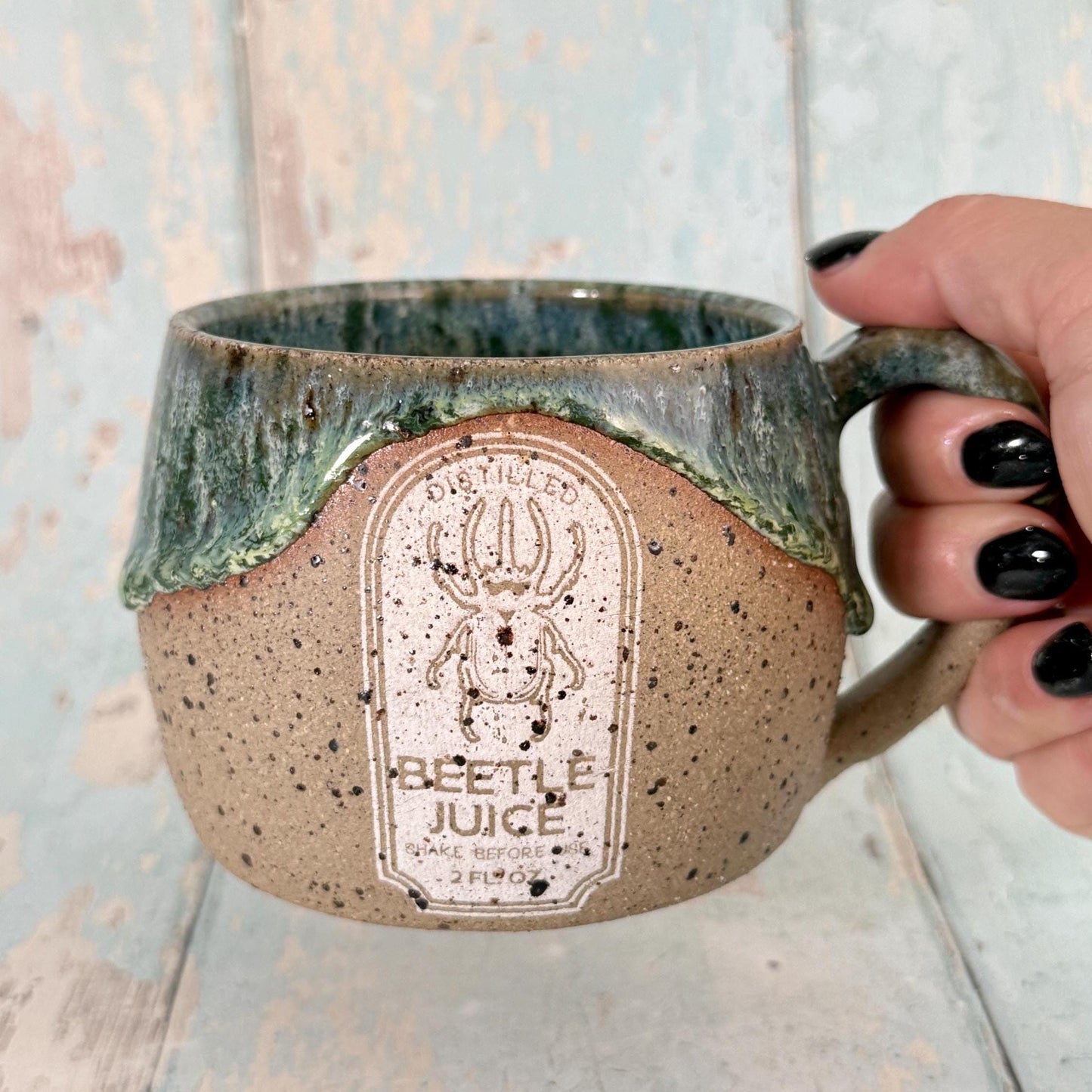 Green Beetle Juice Label Mug Halloween Spooky Season Cup