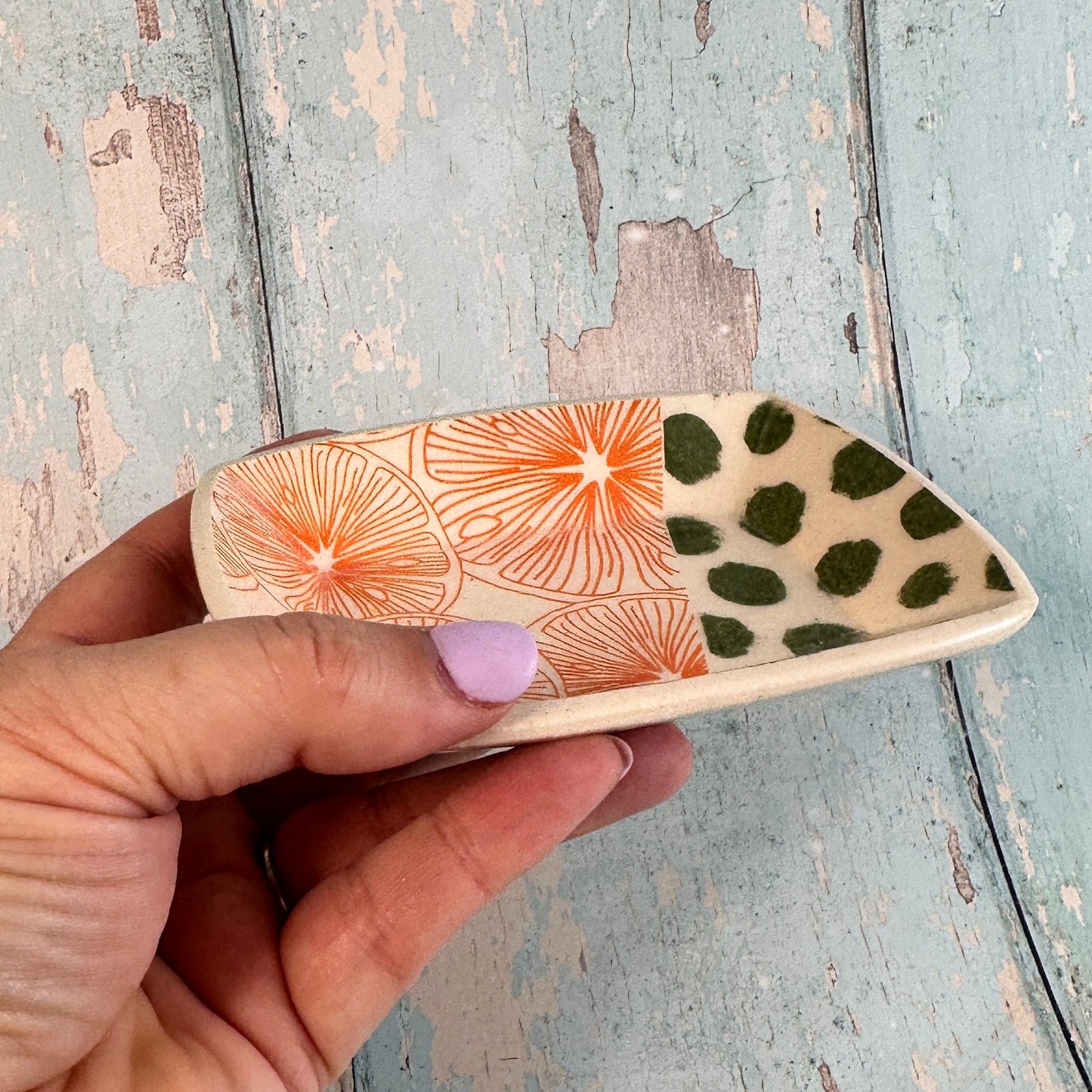 Orange and Green Jewellery Dish, Handmade Hexagon Ceramic Pot