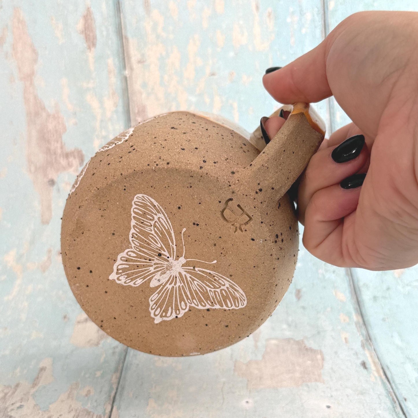 Peach Butterfly Mug, Large Ceramic Cup