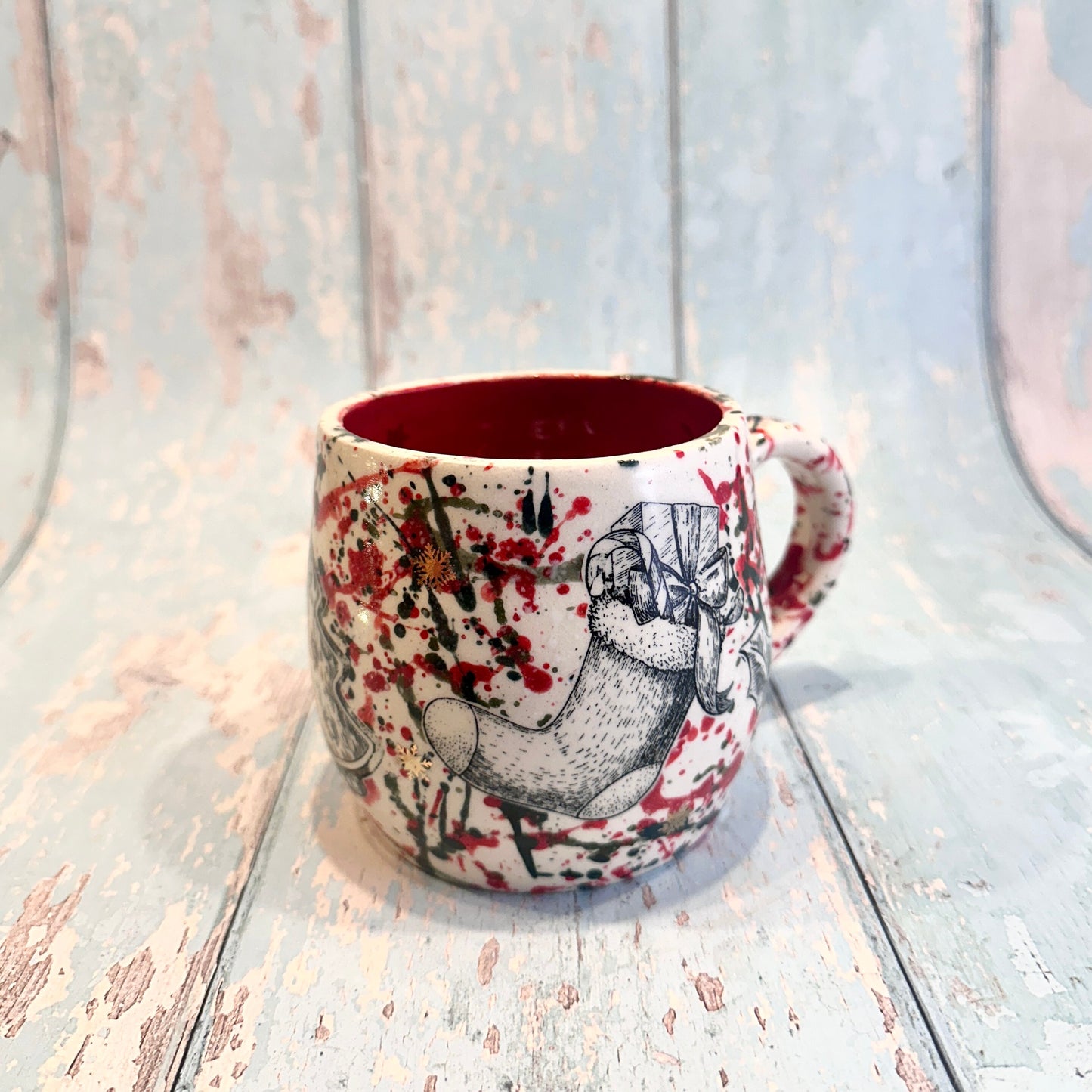 Large Christmas Mug, Handmade Ceramic Cup, Green Red Gold