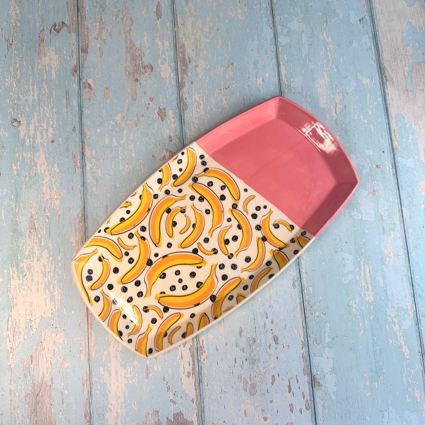 Large Banana Platter, Yellow and Pink Handmade Rectangle Ceramic Plate