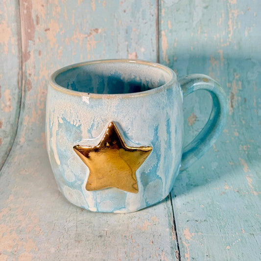 Blue Gold Star Mug, Handmade Ceramic Mug