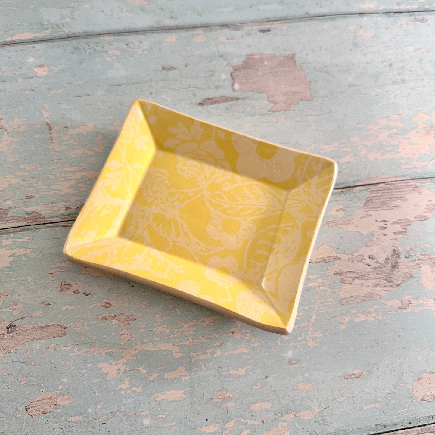 Small Floral Yellow Ring Dish, Handmade Ceramic Pot