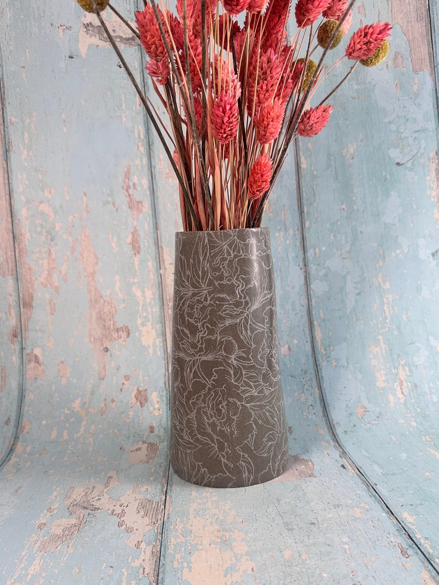 Grey Peony Ceramic Vase, Handmade Modern Pottery