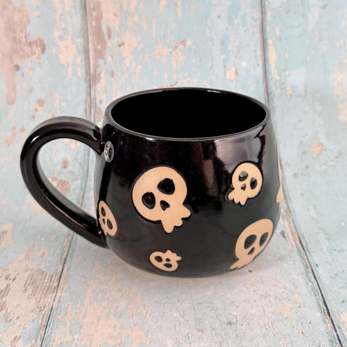 Black Skull Mug, Handmade Ceramic Cup, Spooky Halloween Mug