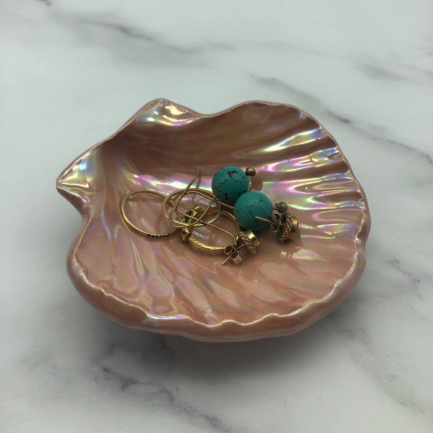 Pink Ceramic Sea Shell Jewelry Dish: Mother of Pearl Finish