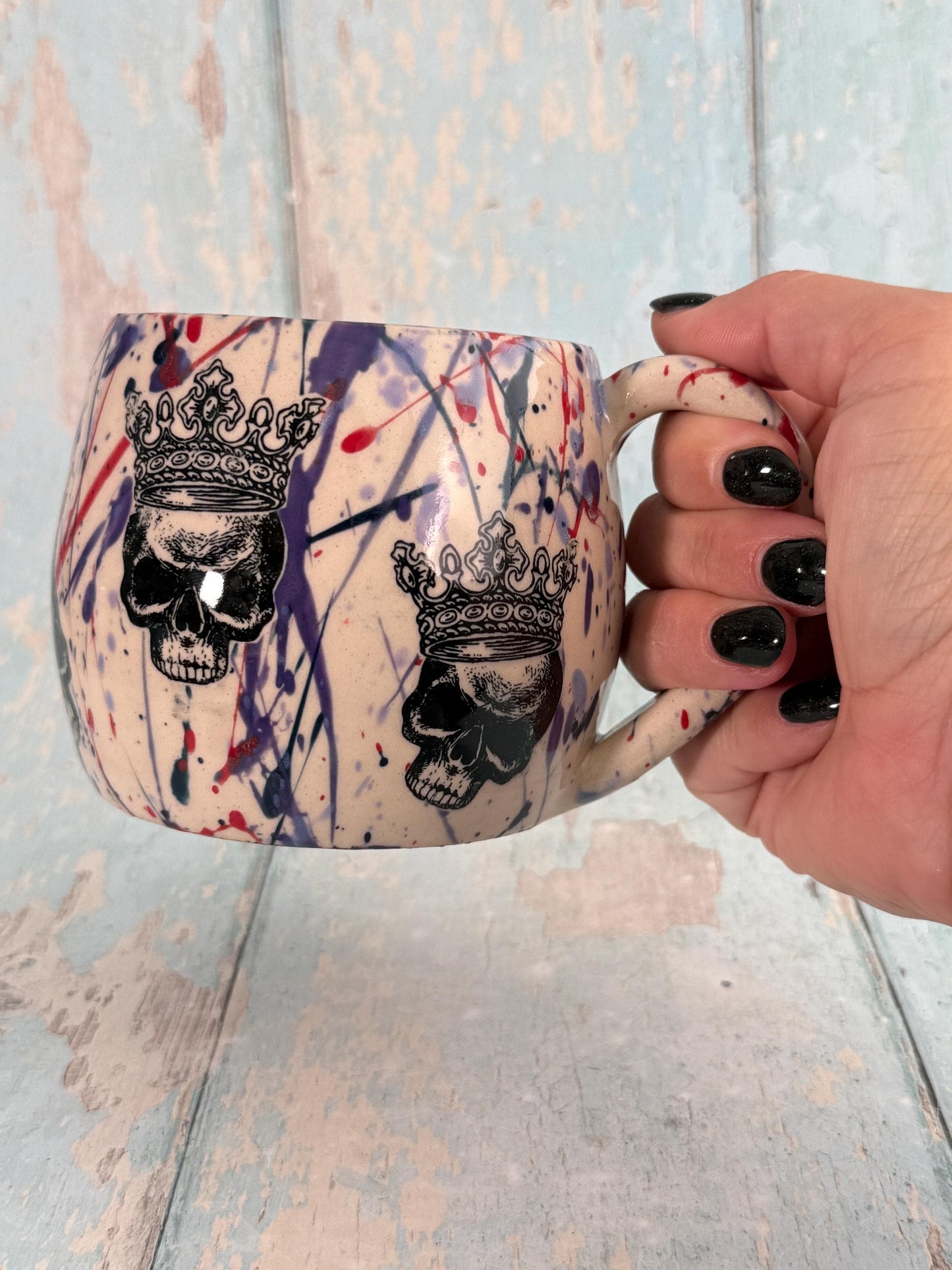 Crowned Skull Mug, Purple and Red, Handmade Ceramic Cup