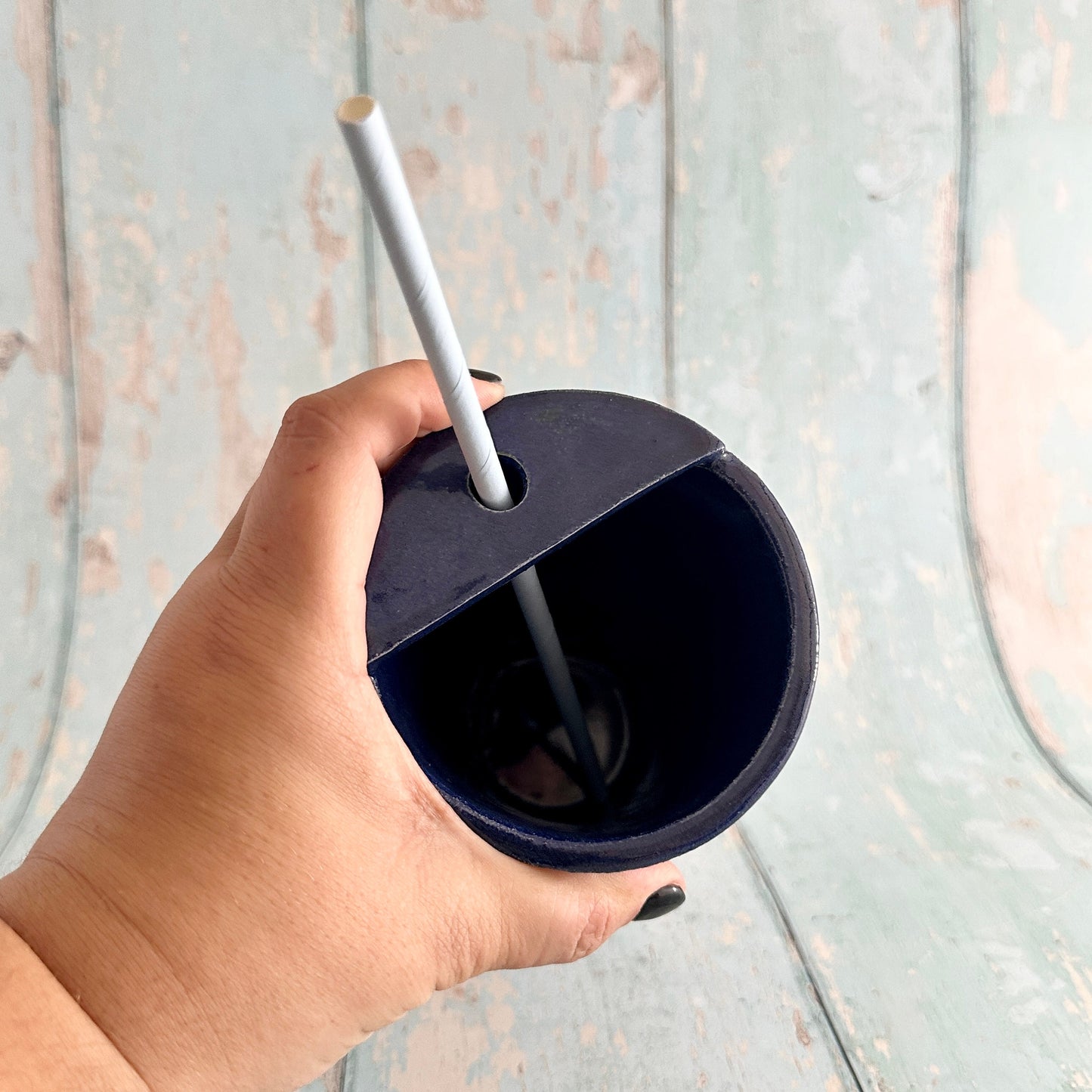 Blue Straw-holder Tumbler, Large Ceramic Cup