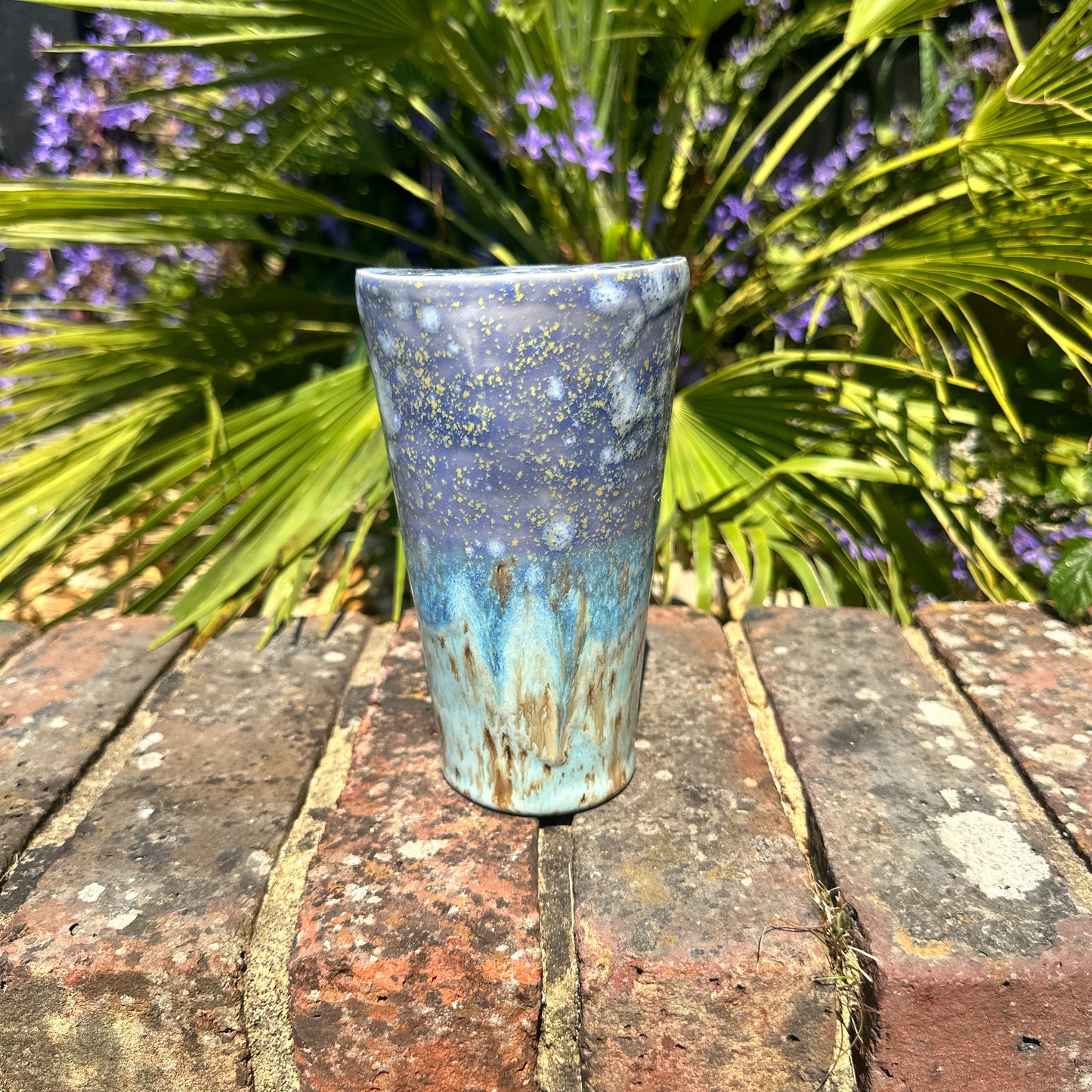 Tall Ceramic Cold Drink Straw Holding Tumbler, Handmade Modern Blue and Purple Cup
