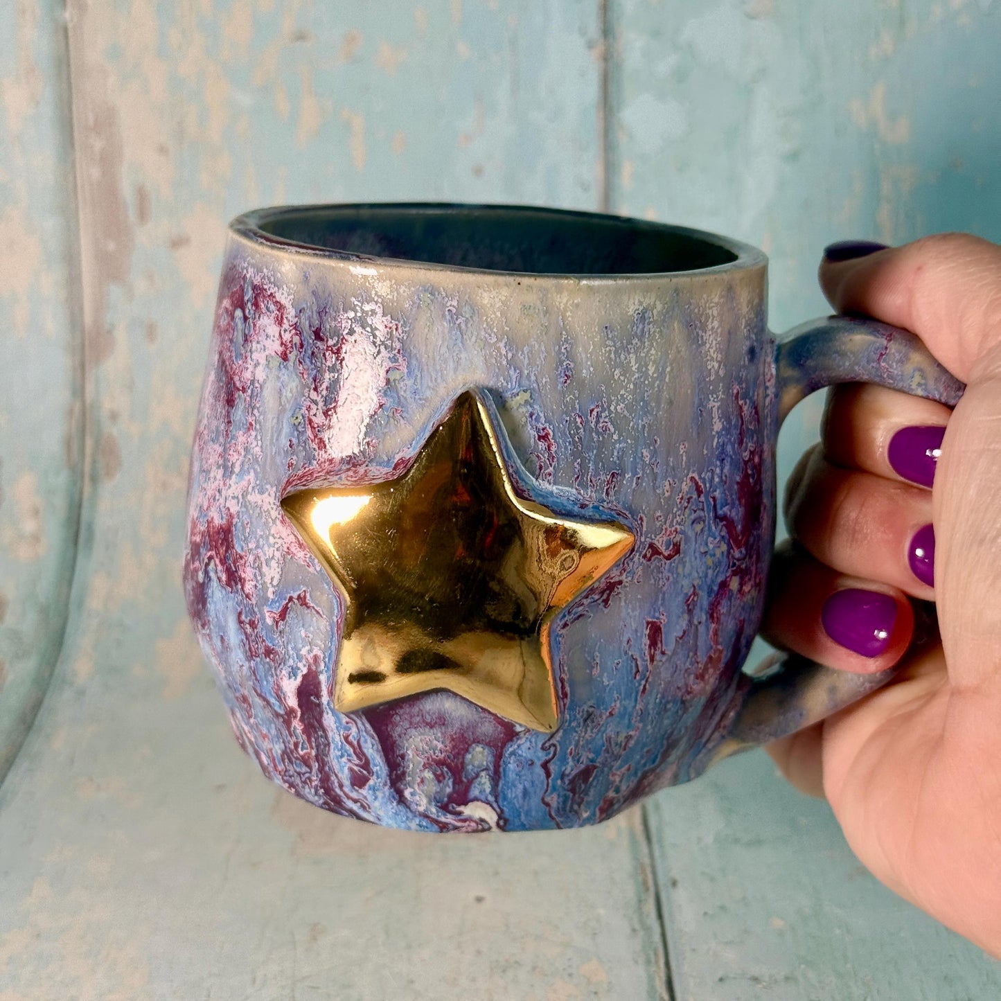 Purple Gold Star Mug, Handmade Ceramic Mug