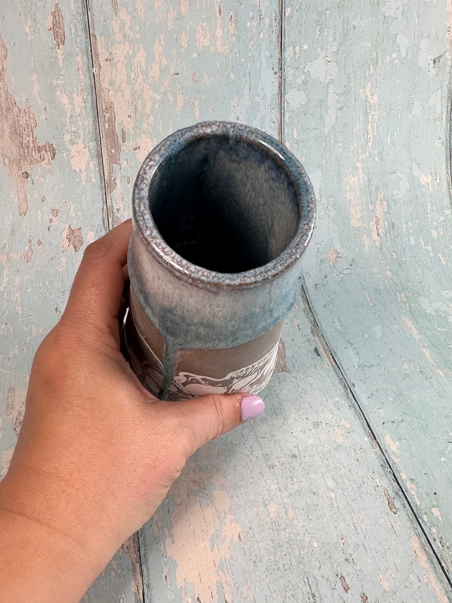 Blue Skull Floral Ceramic Vase, Handmade Modern Pottery