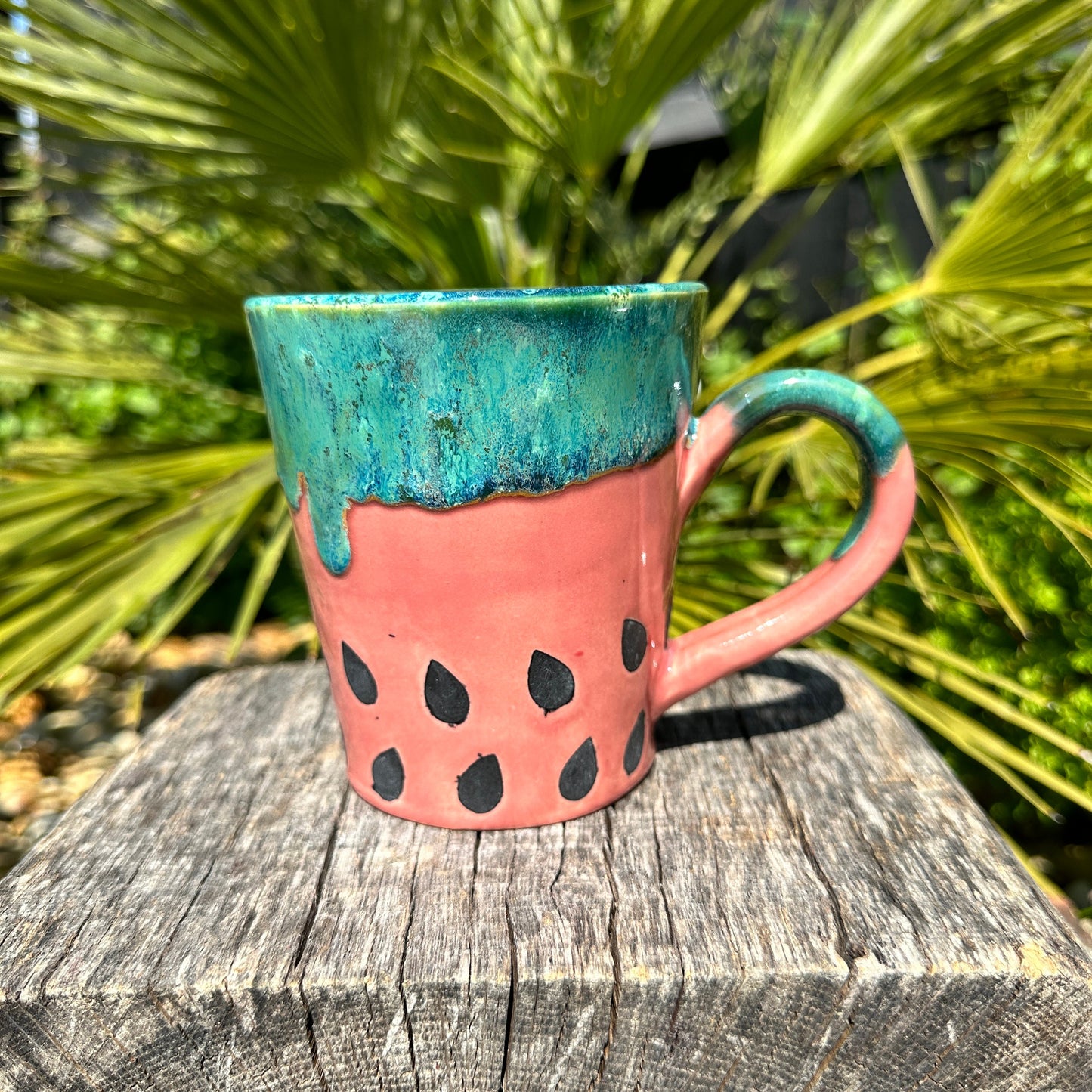 Ceramic Watermelon Mug, Large Pink and Green Cup