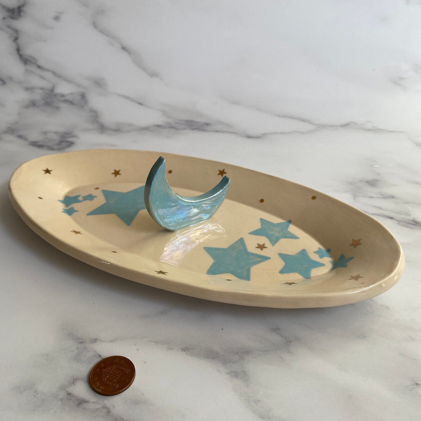 Ceramic Jewellery Dish, Turquoise Moon Stars