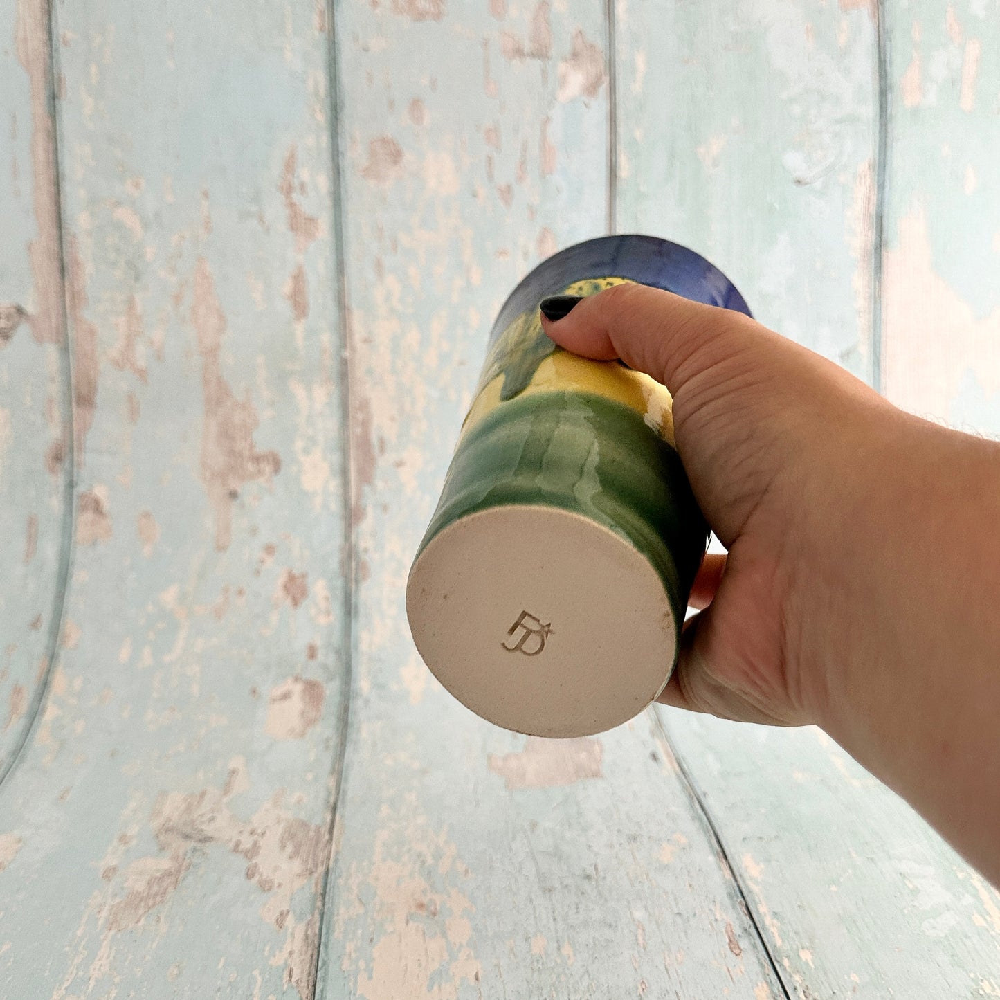 Blue, Yellow and Green Straw-holder Tumbler, Large Ceramic Cup