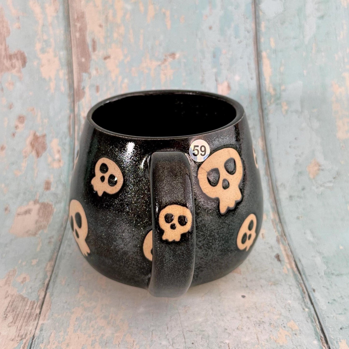 Glittery Black Skull Mug, Handmade Ceramic Cup, Spooky Halloween Mug