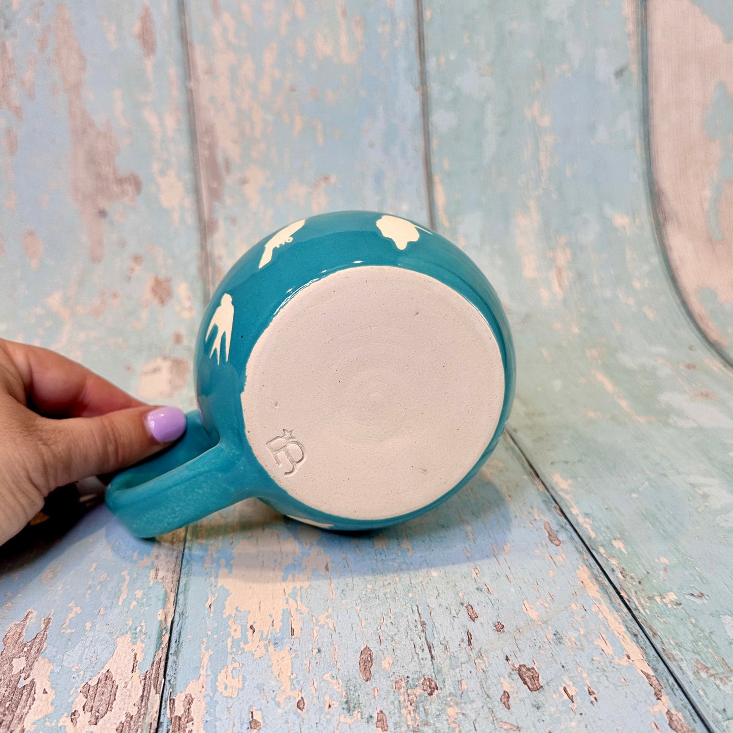 Turquoise Blue Bird Mug, Handmade Ceramic Cup
