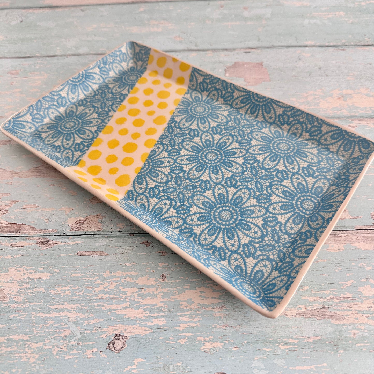 Turquoise Blue Lace and Yellow Platter, Large Handmade Rectangle Ceramic Plate