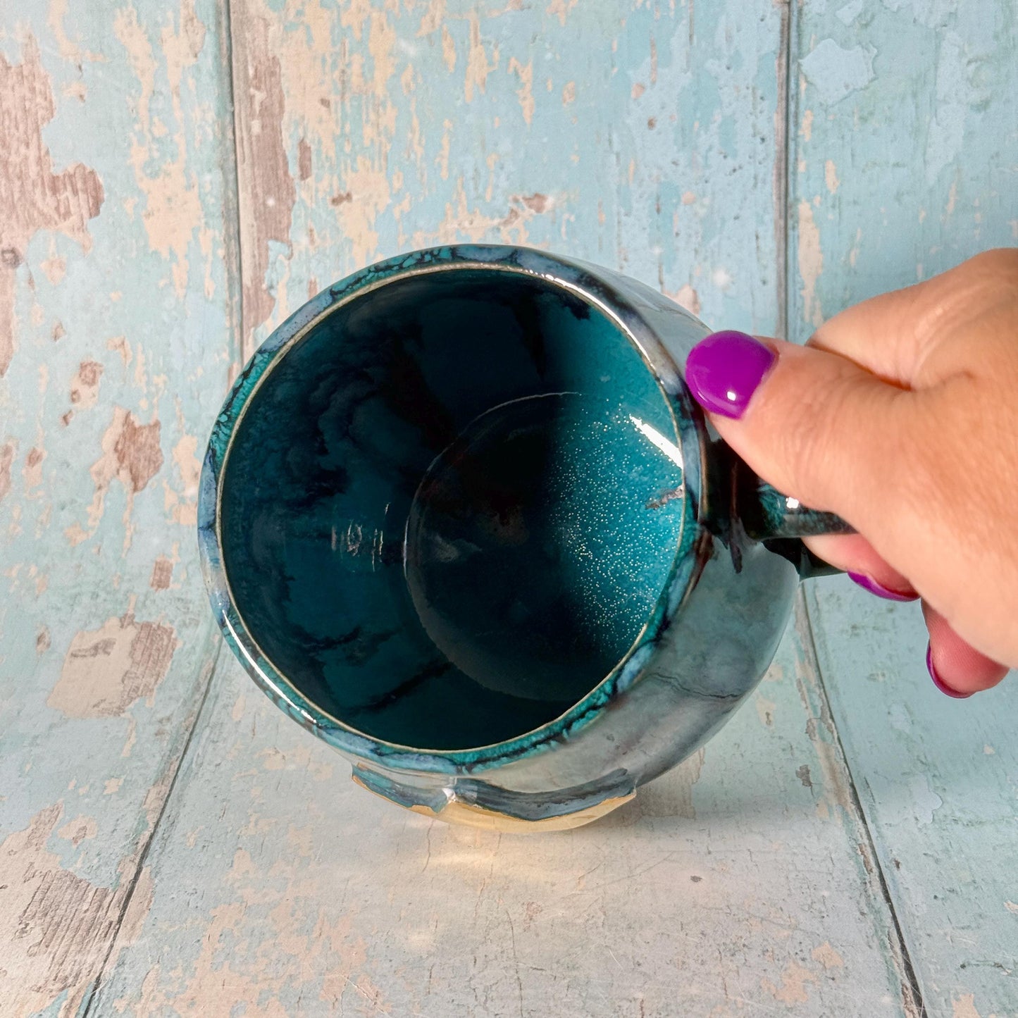 Turquoise and Black Gold Star Mug, Handmade Ceramic Mug