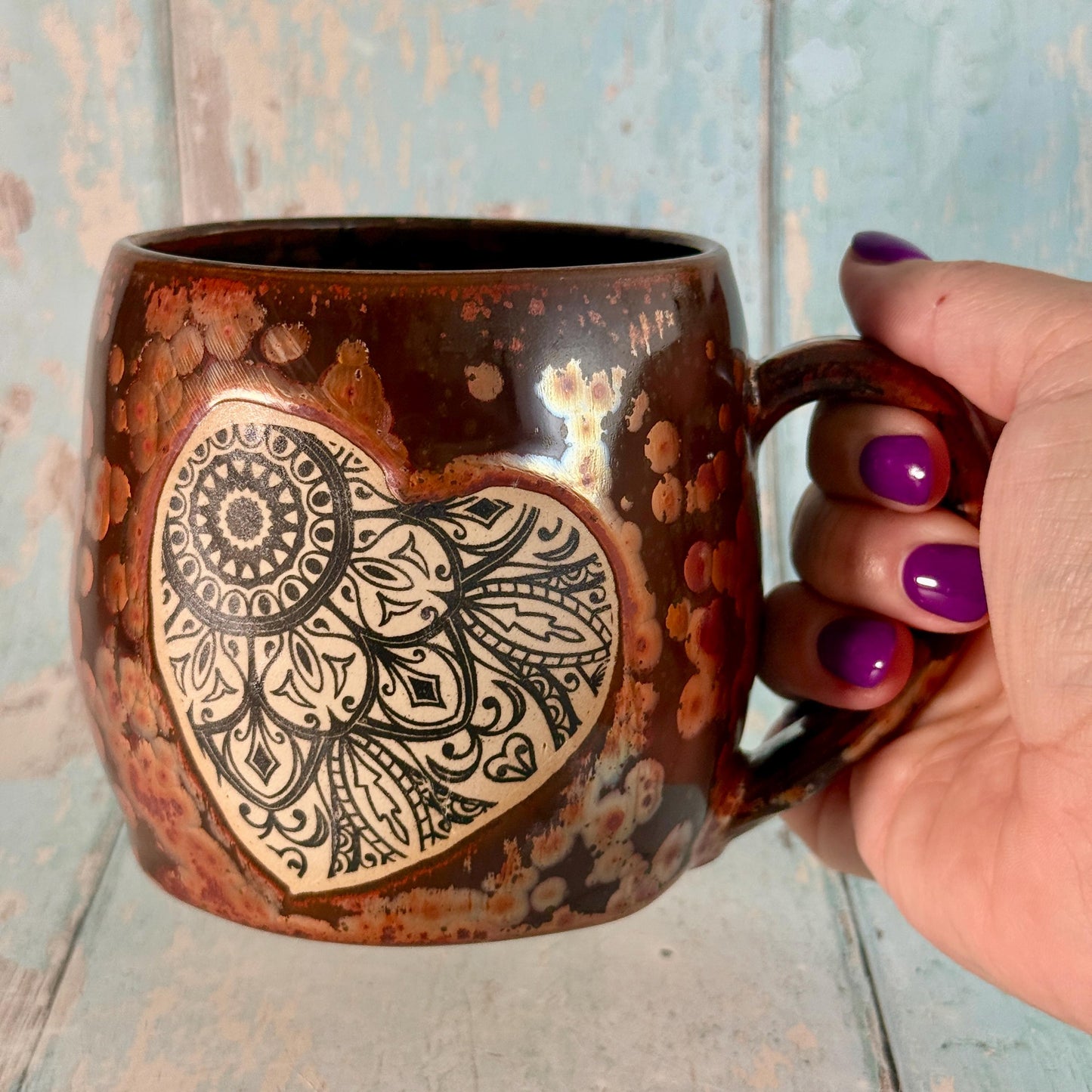 Heart Mandala Mug, Handmade Copper Ceramic Cup
