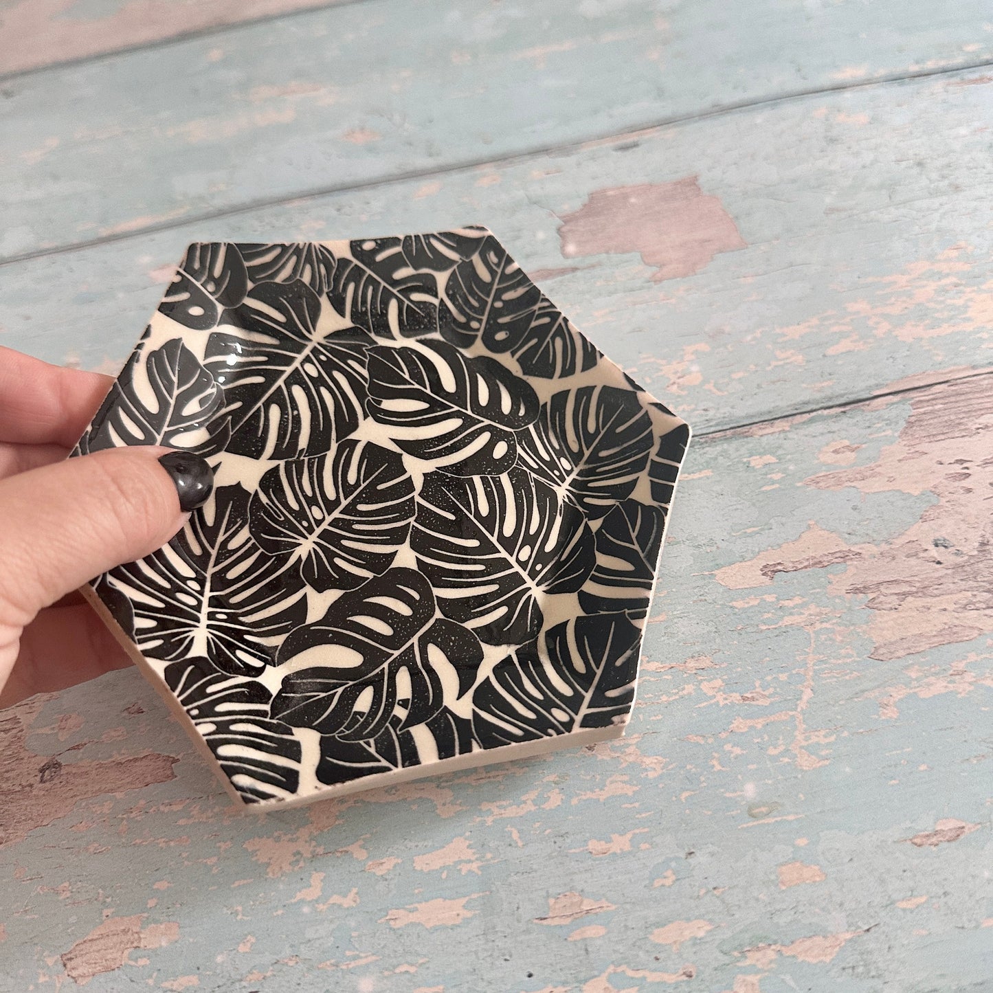 Black and White Monstera Jewellery Dish, Handmade Hexagon Ceramic Pot