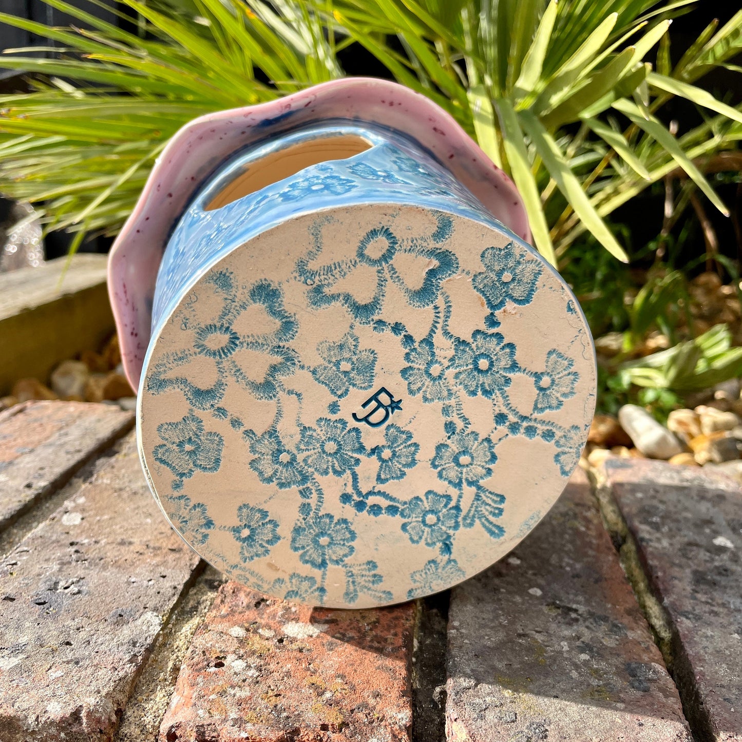 Pink and Blue Ceramic Birdhouse, Handmade Garden Decoration
