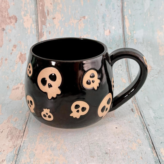 Black Skull Mug, Handmade Ceramic Cup, Spooky Halloween Mug