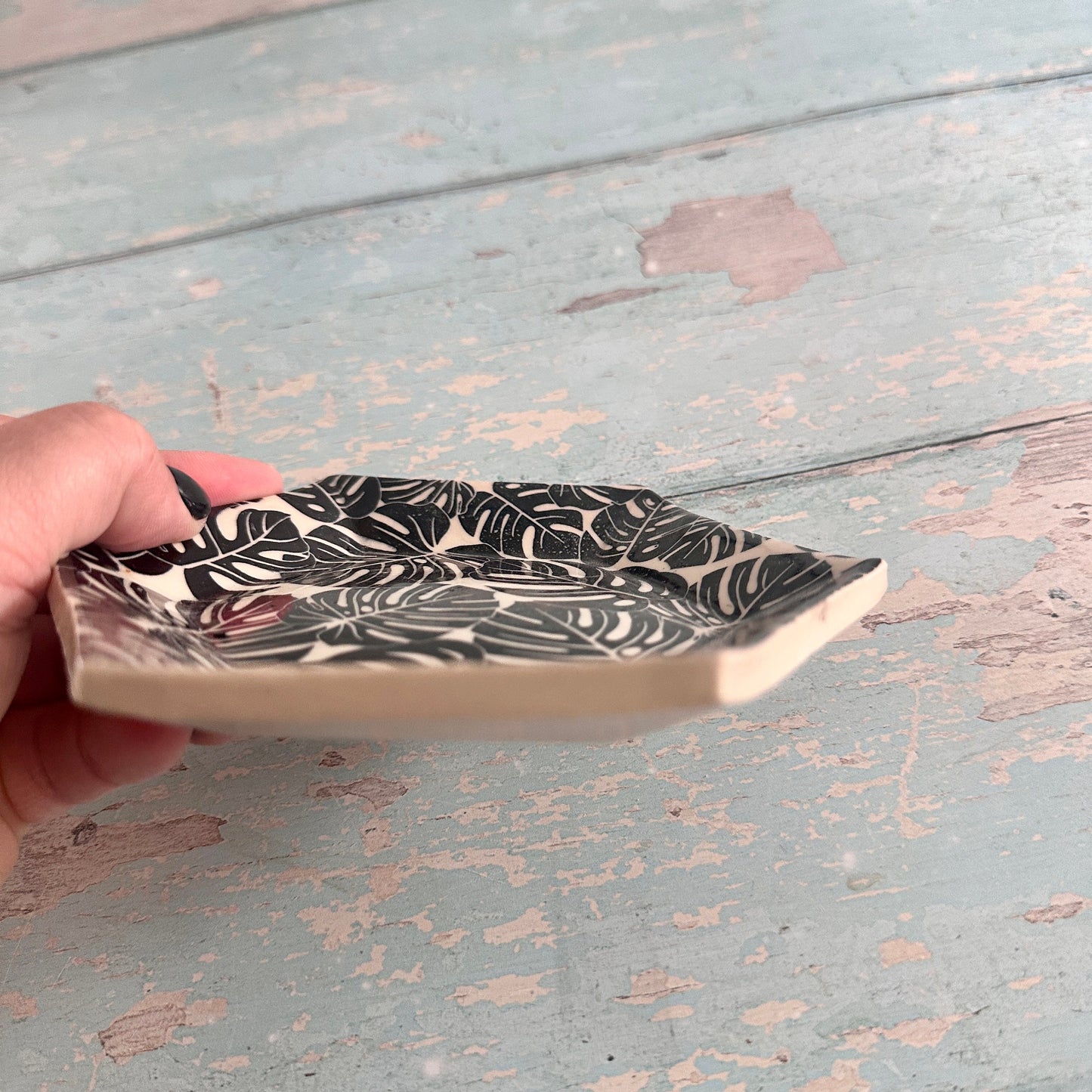 Black and White Monstera Jewellery Dish, Handmade Hexagon Ceramic Pot