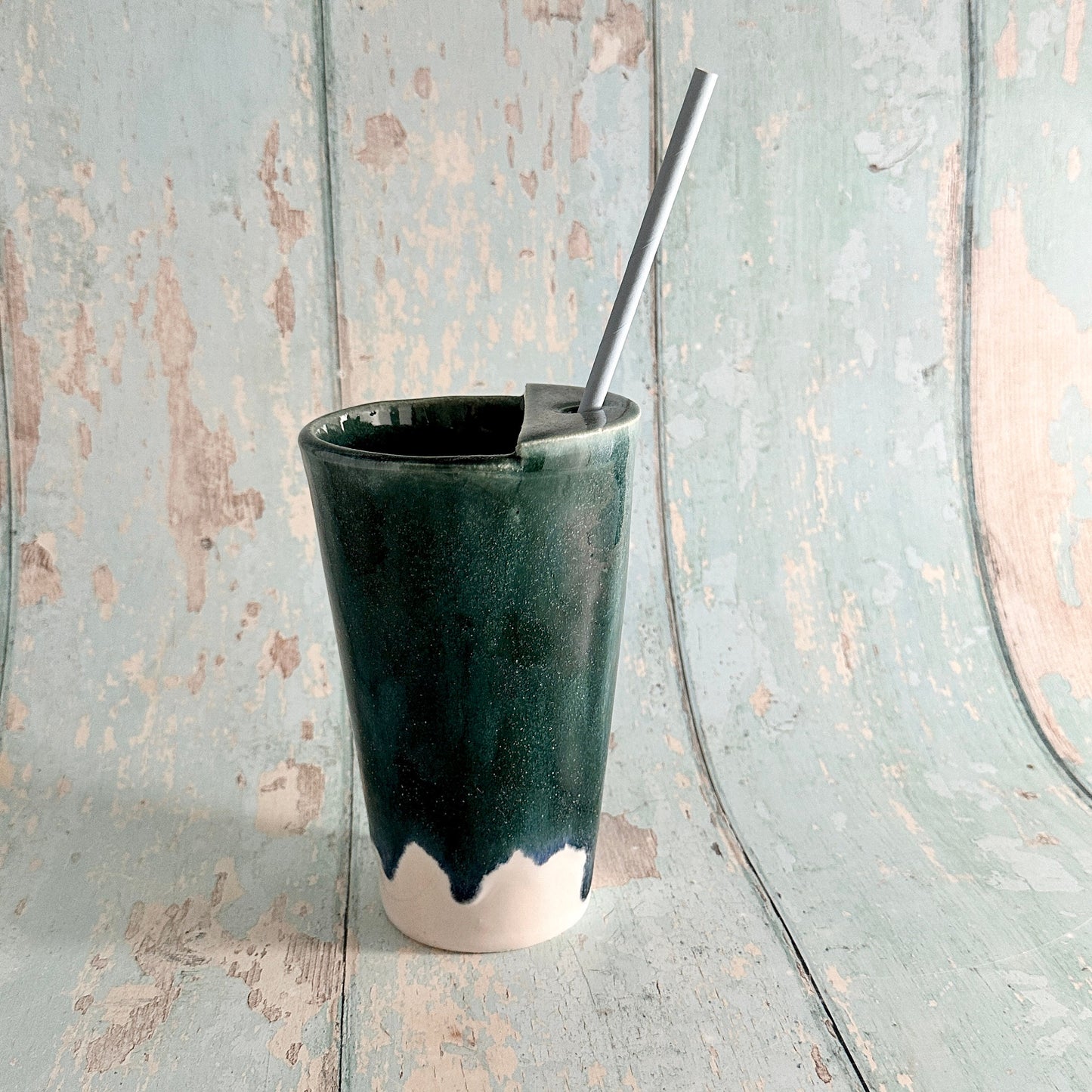 Green and White Straw-holder Tumbler, Large Ceramic Cup