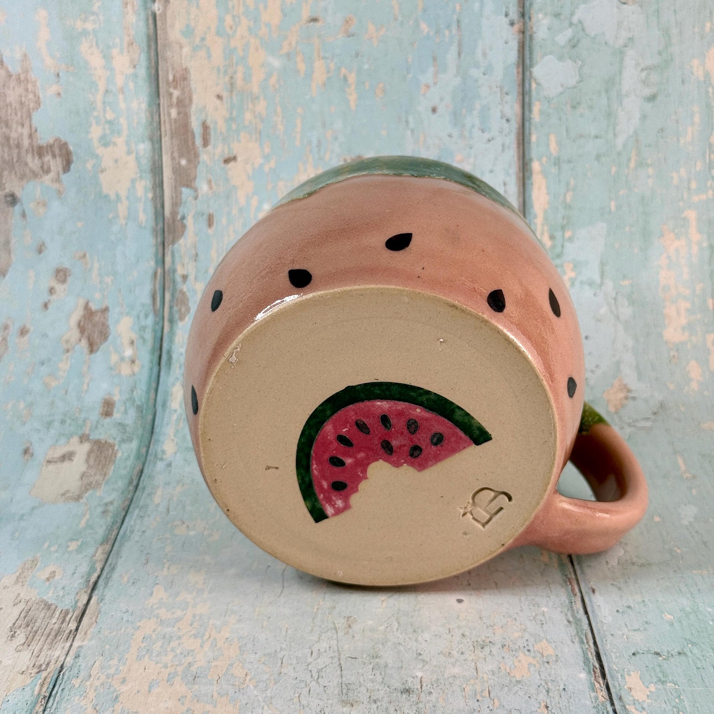 Ceramic Watermelon Mug, Large Pink and Green Cup