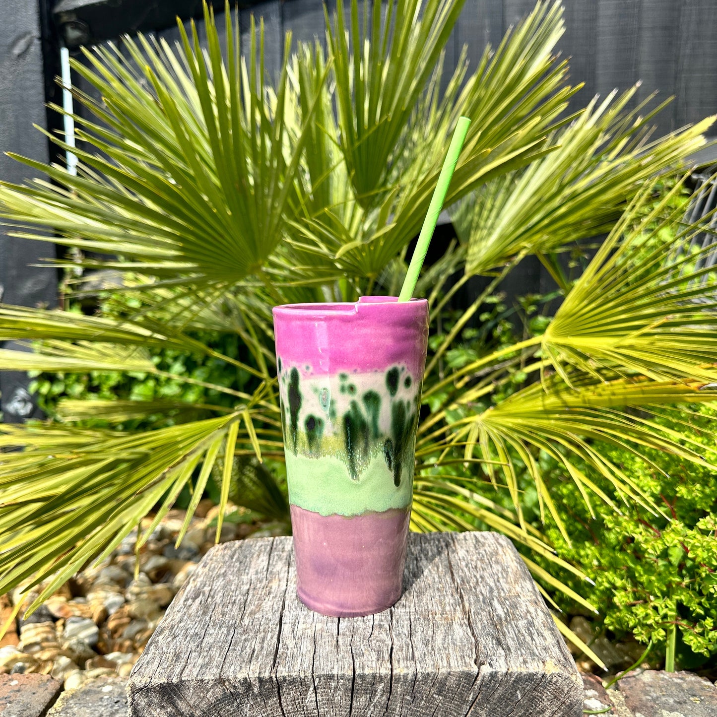 Tall Ceramic Cold Drink Straw Holding Tumbler, Handmade Modern Purple Cup